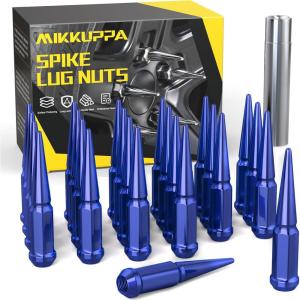 imageMIKKUPPA 14mm x 15 Wheel Spike Lug Nuts 24pcs M14x15 Lug Nut ConeConical Bulge Seat Black Closed End Nuts with 1 Socket Key Replacement for Chevy Silverado GMC Dodge Ram Ford F150Blue Spike Lug Nuts M14x15