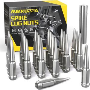 imageMIKKUPPA 14mm x 15 Wheel Spike Lug Nuts 24pcs M14x15 Lug Nut ConeConical Bulge Seat Black Closed End Nuts with 1 Socket Key Replacement for Chevy Silverado GMC Dodge Ram Ford F150Chrome Spike Lug Nuts M14x15